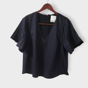 Prose & Poetry Pleat Flutter Sleeve V-Neck Blouse Woven Cotton Top Black‎ Size M